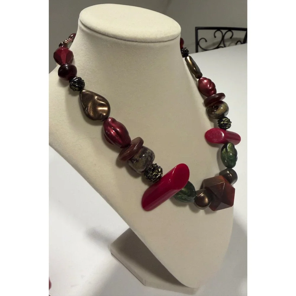 Teresa Goodall Chunky Artisan Bead Necklace Red Green Bronze Statement Jewelry